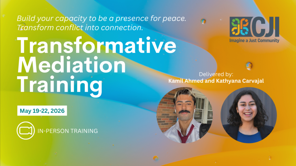 Abstract background with images of trainers, Kamil and Kathyana as promotion for Transformative Mediation Training in-person in May of 2026
